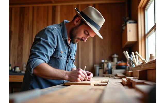 Founder at work in a woodworking workshop, surrounded by timber.
