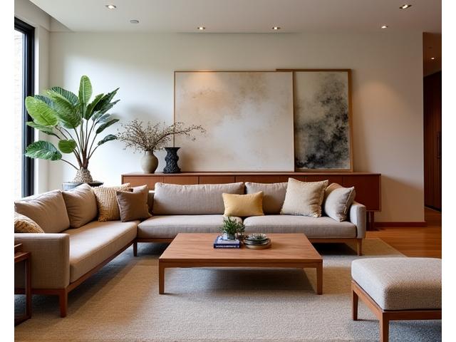 Stylish living room interior with custom timber furniture